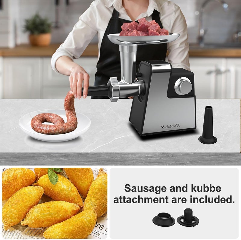 xfcnikou Electric Meat Grinder, 2800W Max Sausage Stuffer,Stainless Steel Meat Mincer With 2 Blades, 3 Plates, Sausage Tube And Kubbe Kit For Home Kitchen Use - Image 3